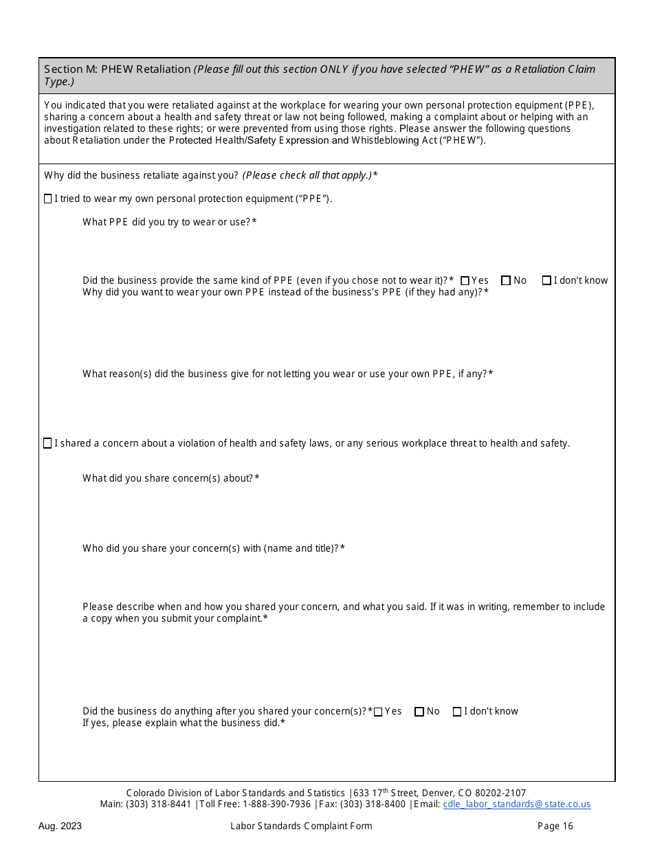 Labor Standards Complaint Form - Colorado, Page 16