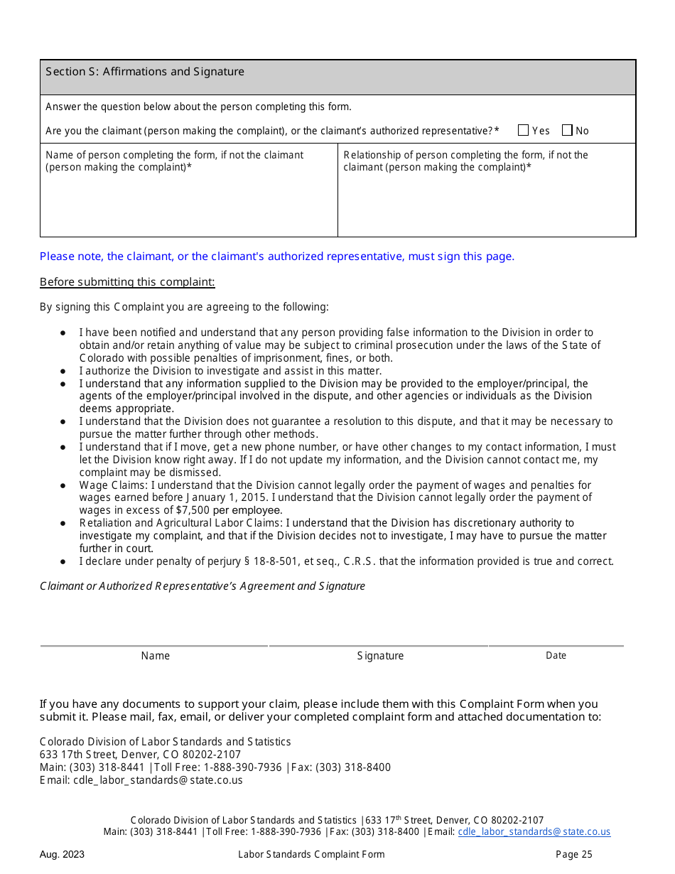 Labor Standards Complaint Form - Colorado, Page 25