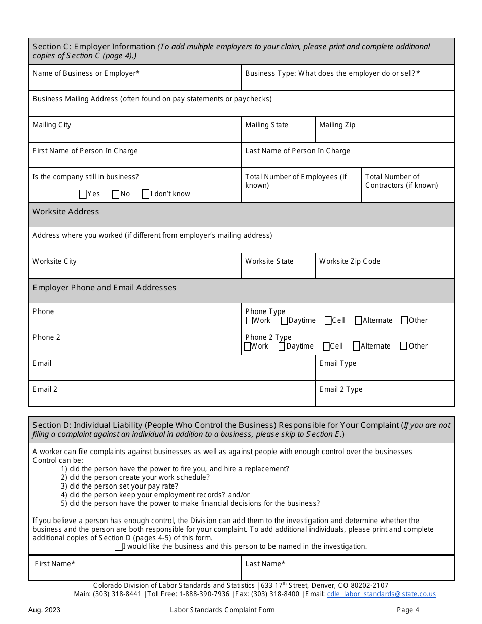 Labor Standards Complaint Form - Colorado, Page 4