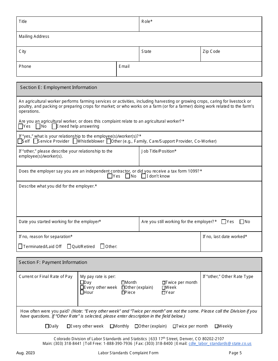 Labor Standards Complaint Form - Colorado, Page 5