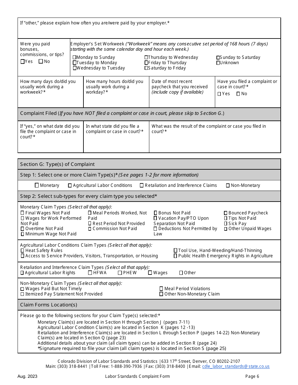 Labor Standards Complaint Form - Colorado, Page 6