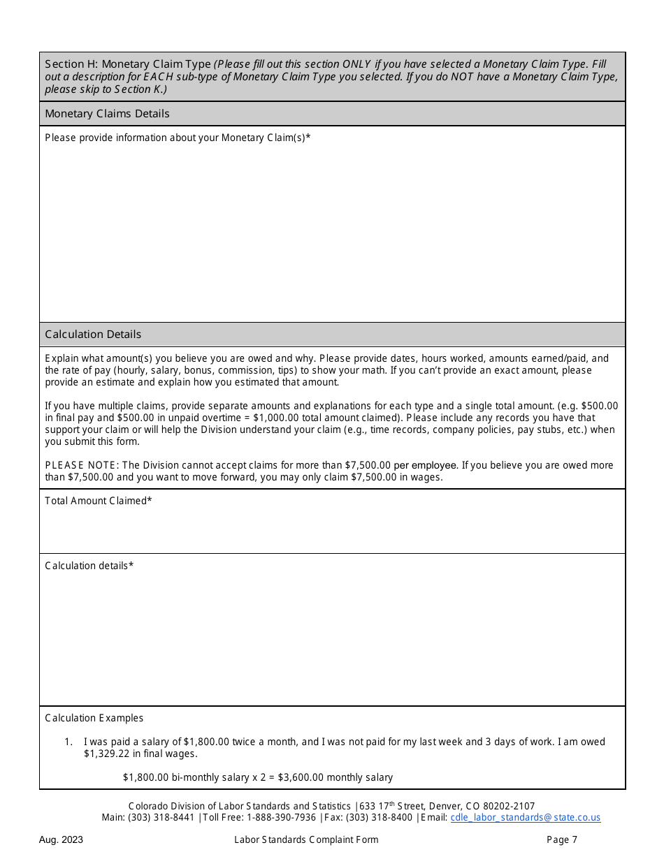 Labor Standards Complaint Form - Colorado, Page 7