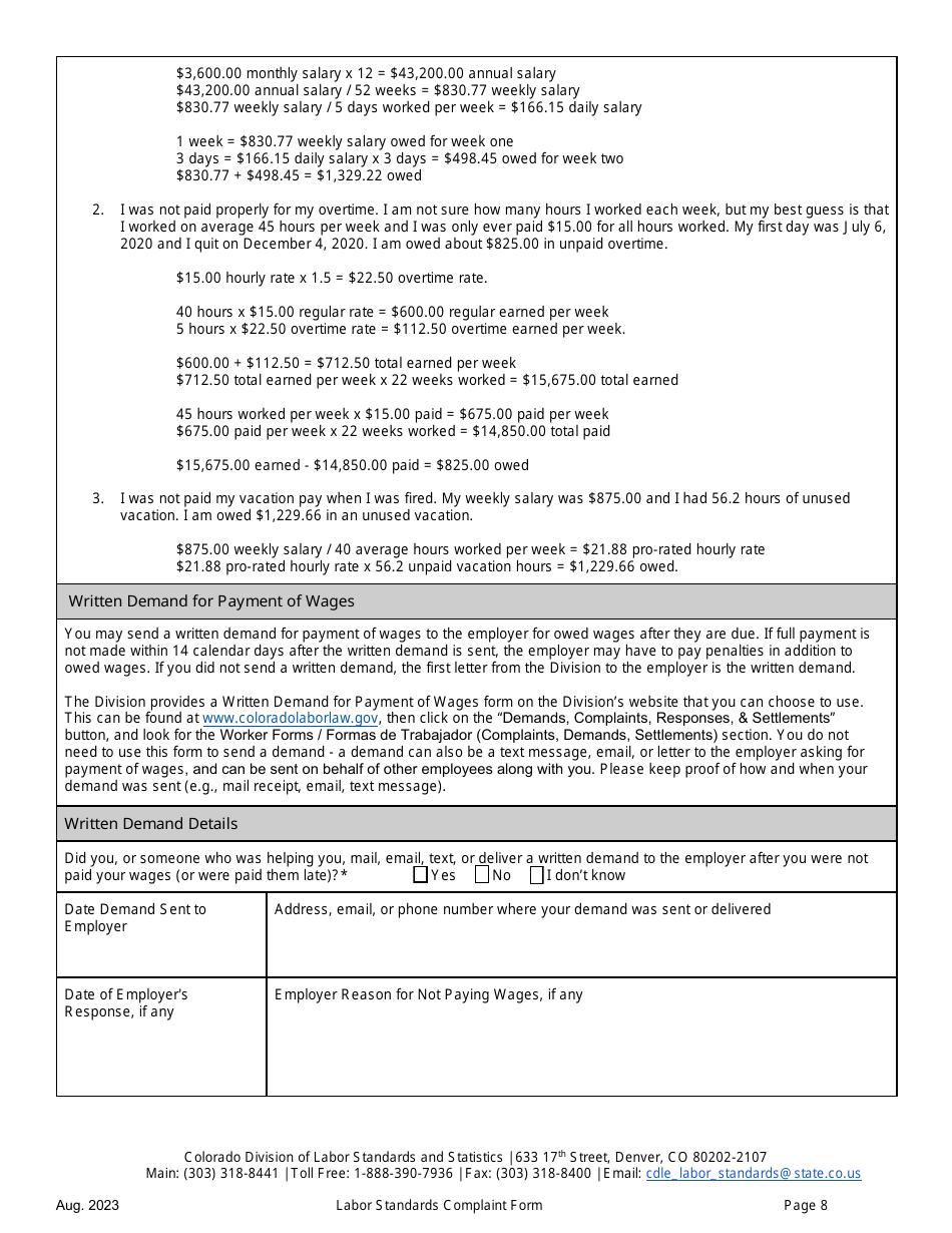 Labor Standards Complaint Form - Colorado, Page 8
