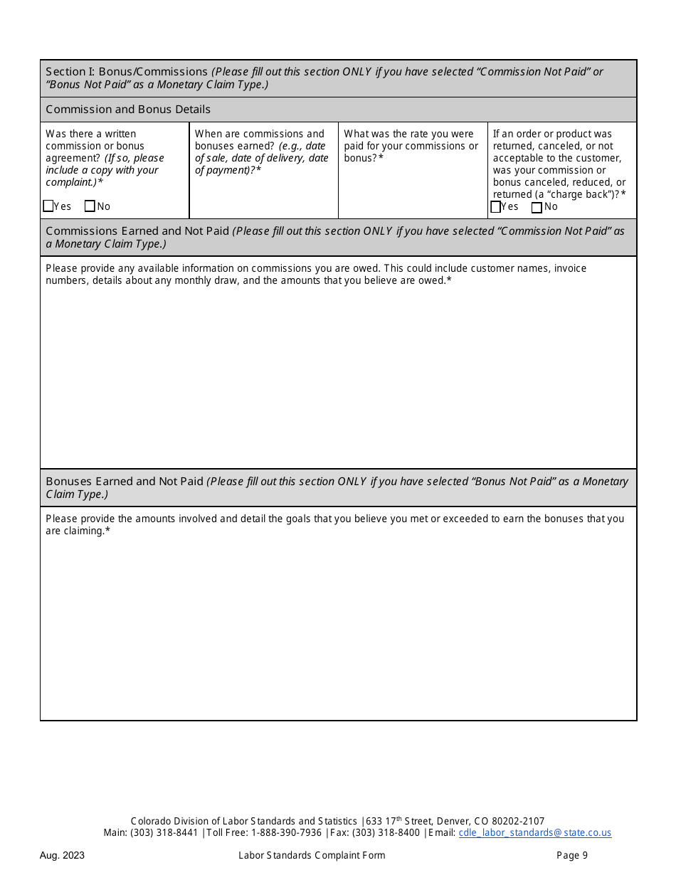 Labor Standards Complaint Form - Colorado, Page 9