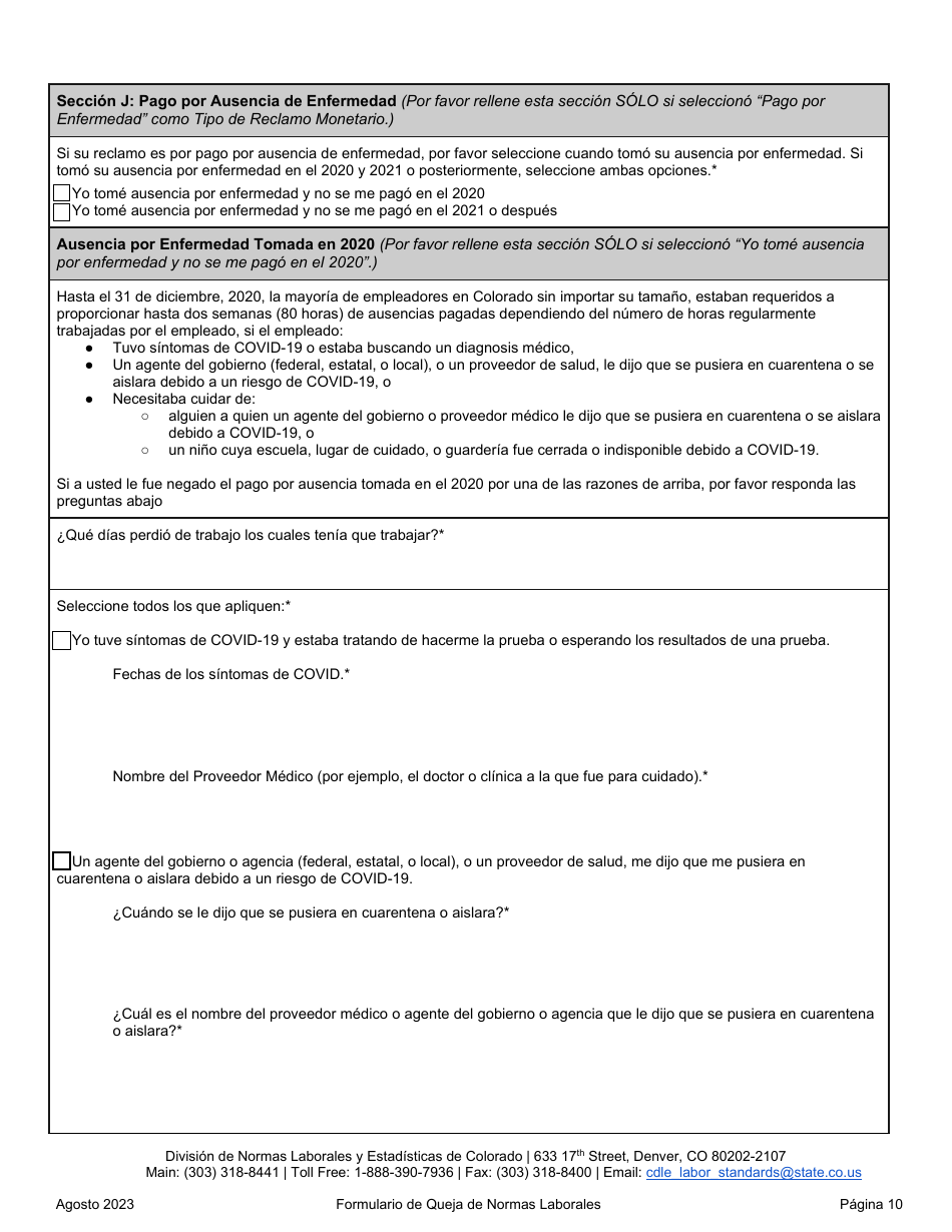 Formulario De Queja De Normas Laborales - Colorado (Spanish), Page 10