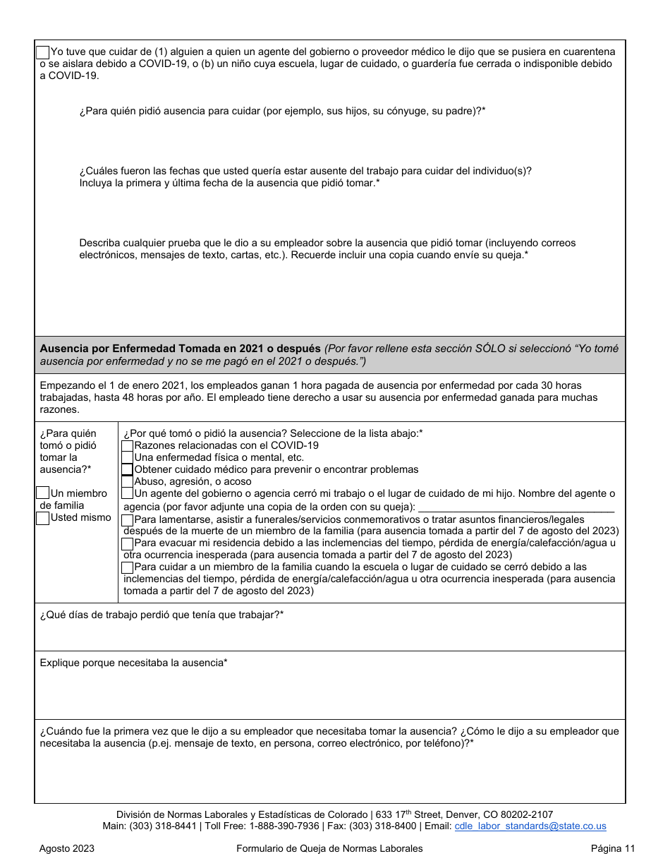 Formulario De Queja De Normas Laborales - Colorado (Spanish), Page 11