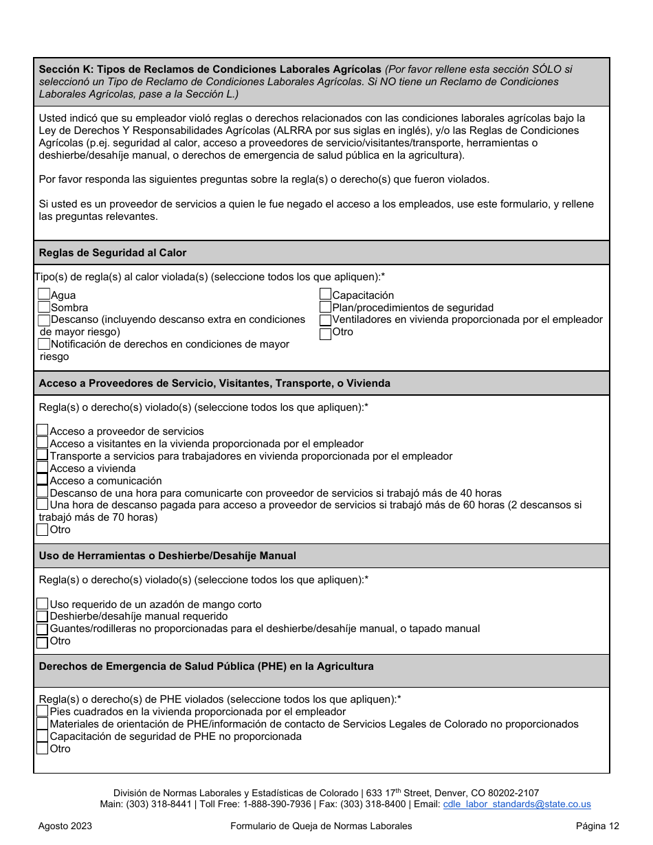 Formulario De Queja De Normas Laborales - Colorado (Spanish), Page 12