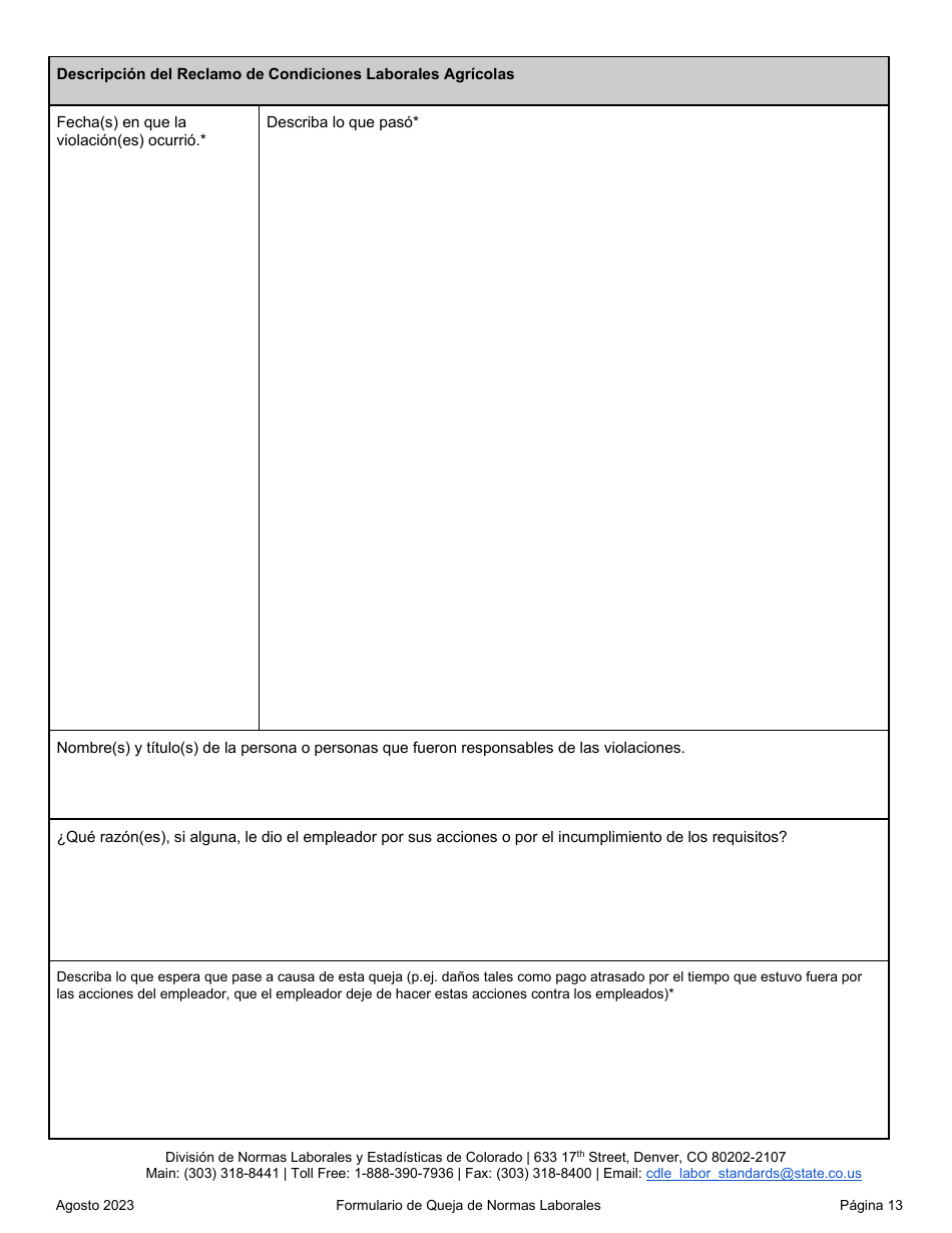 Formulario De Queja De Normas Laborales - Colorado (Spanish), Page 13