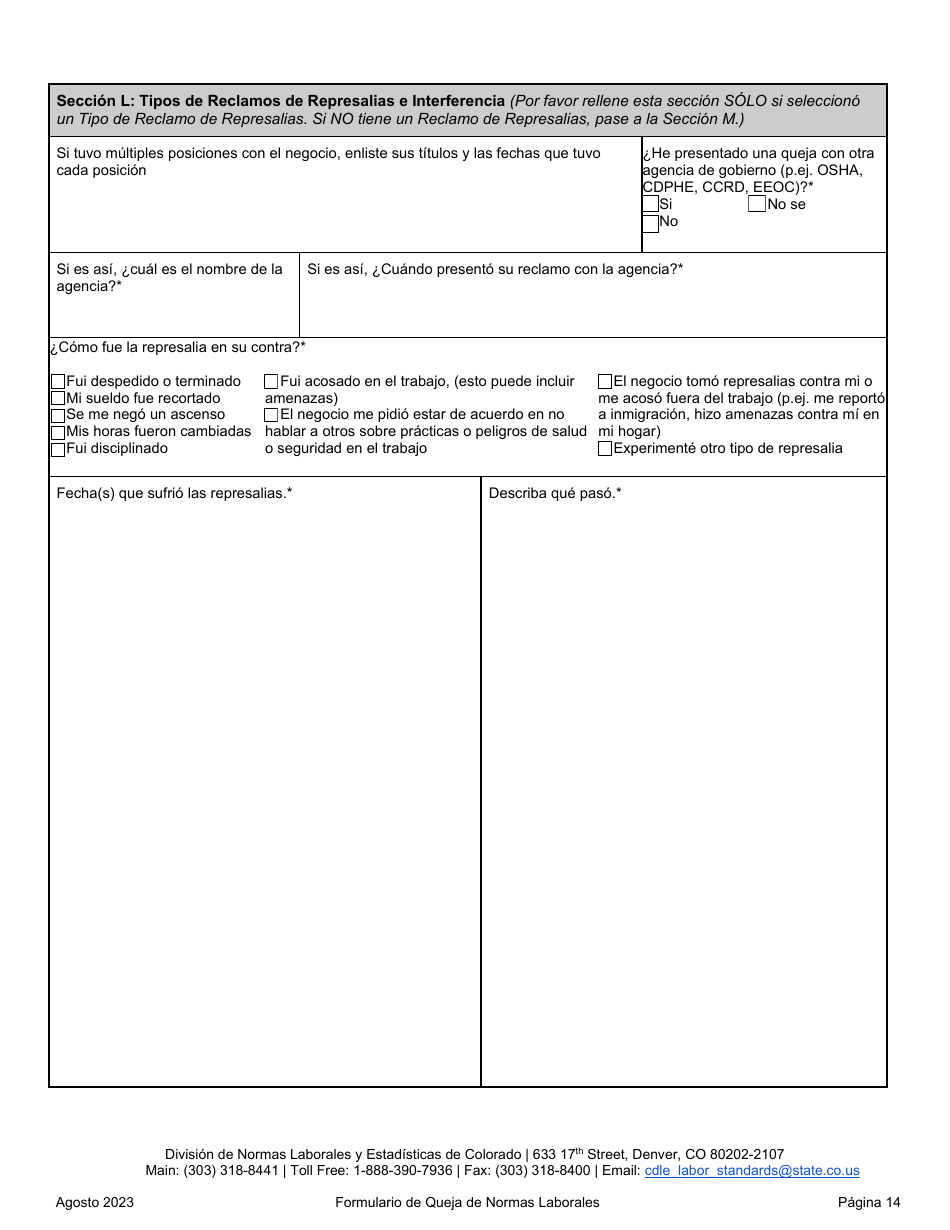 Formulario De Queja De Normas Laborales - Colorado (Spanish), Page 14