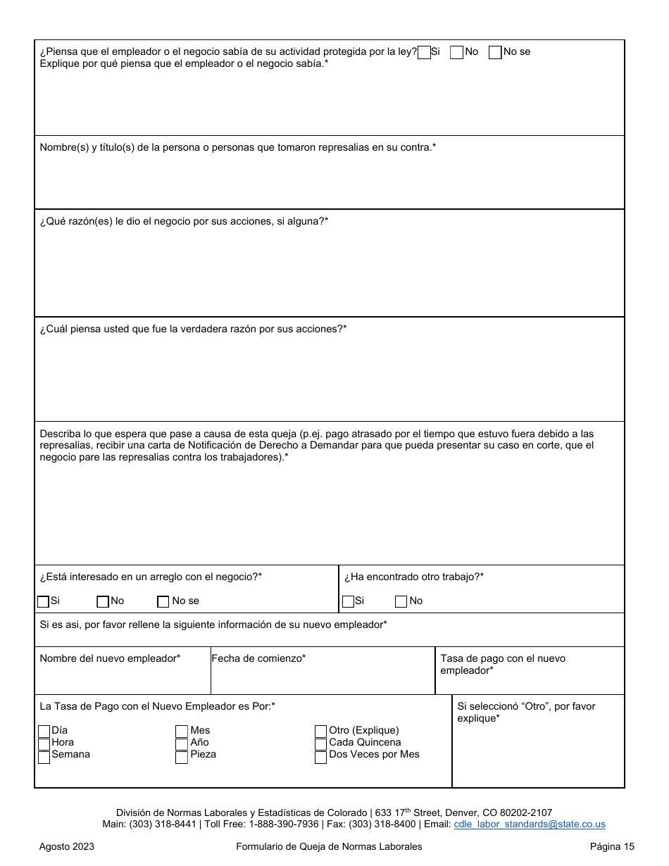 Formulario De Queja De Normas Laborales - Colorado (Spanish), Page 15