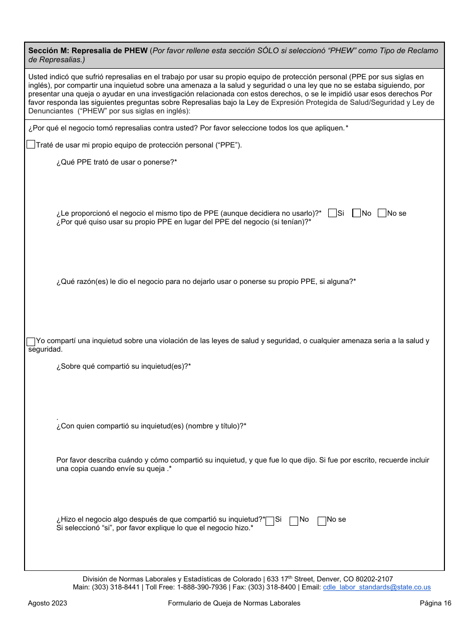 Formulario De Queja De Normas Laborales - Colorado (Spanish), Page 16