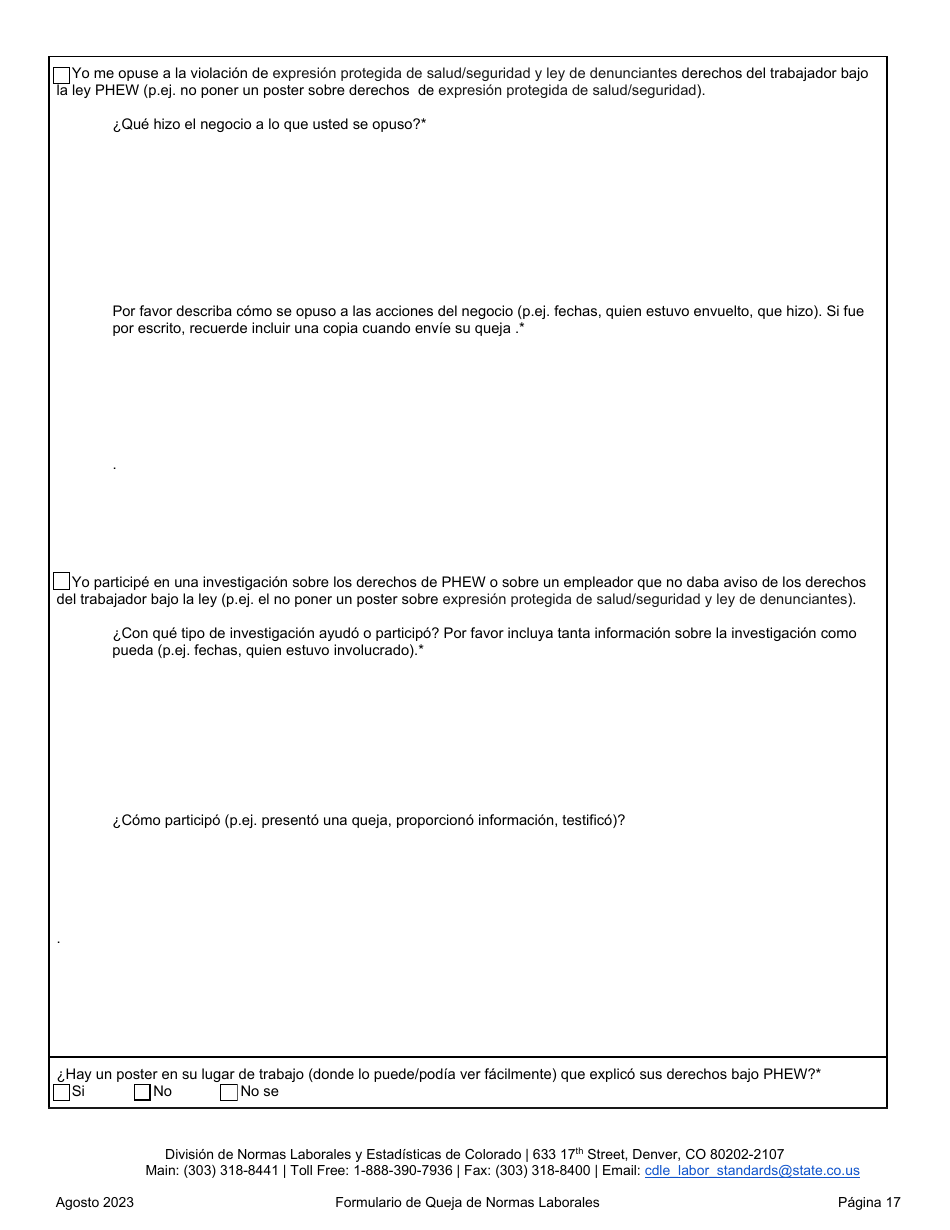 Formulario De Queja De Normas Laborales - Colorado (Spanish), Page 17