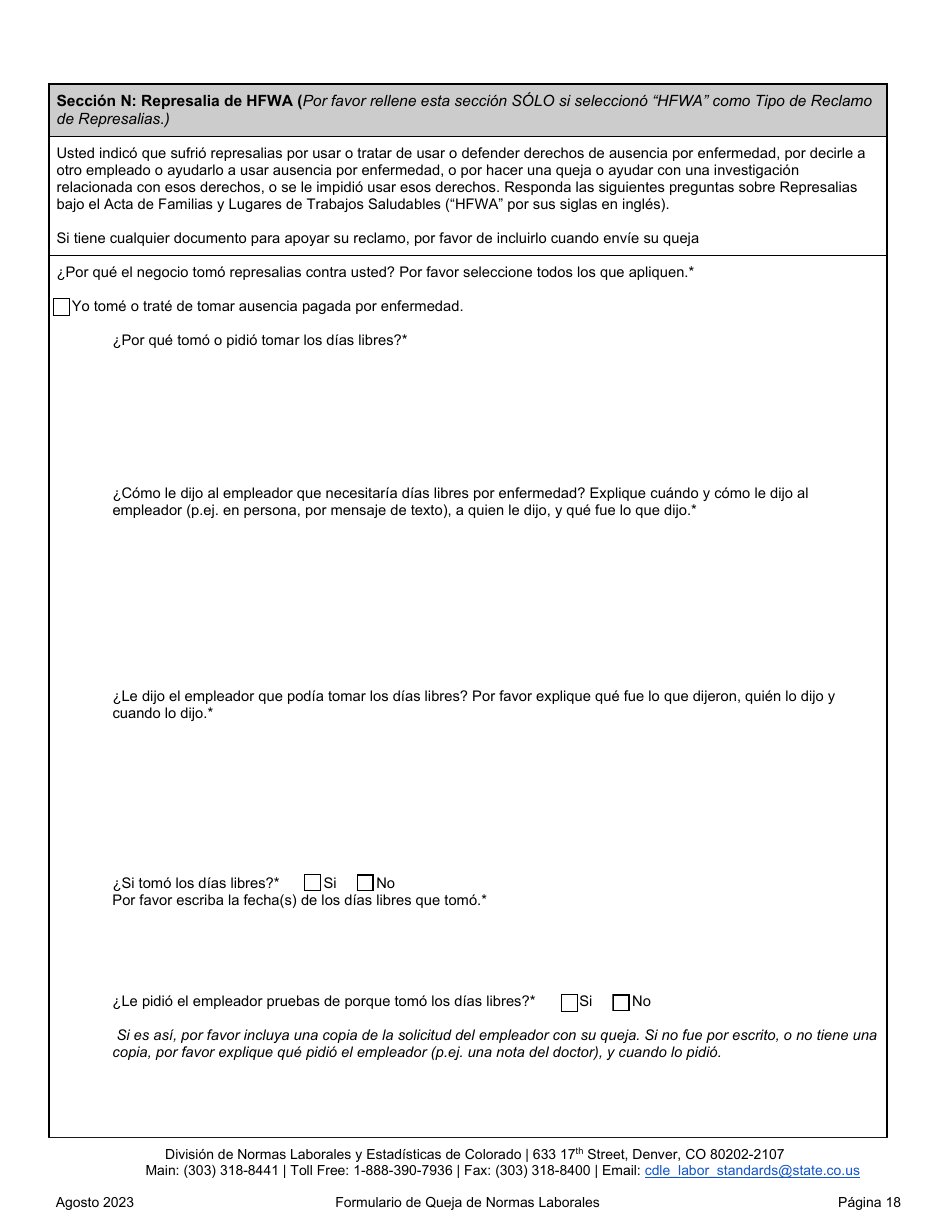 Formulario De Queja De Normas Laborales - Colorado (Spanish), Page 18