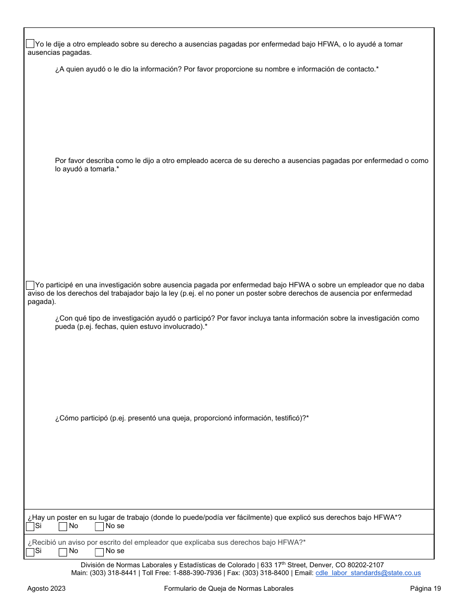 Formulario De Queja De Normas Laborales - Colorado (Spanish), Page 19