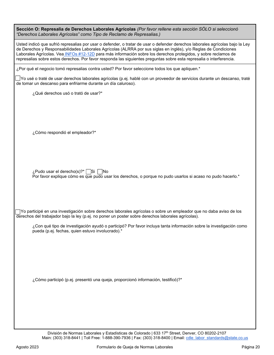 Formulario De Queja De Normas Laborales - Colorado (Spanish), Page 20