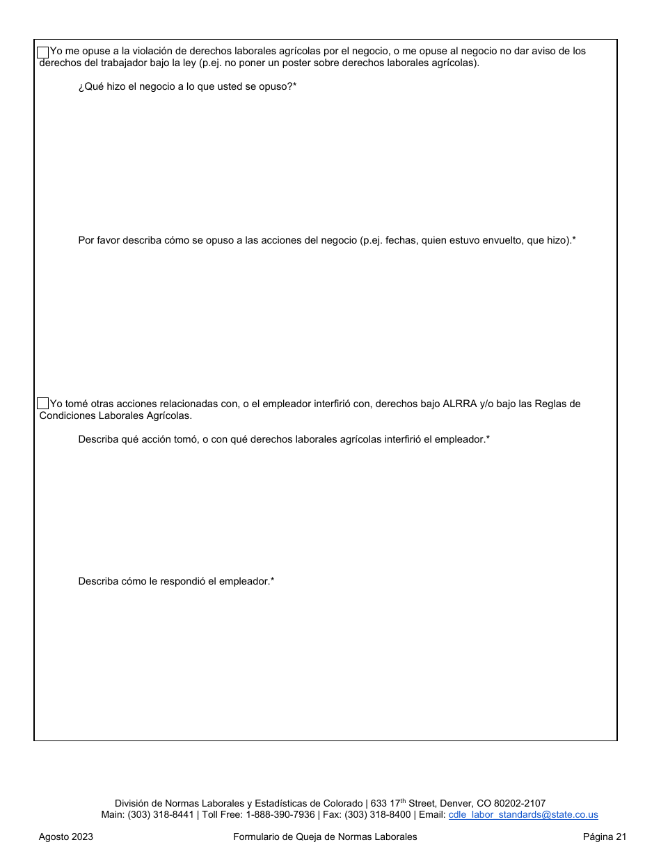 Formulario De Queja De Normas Laborales - Colorado (Spanish), Page 21