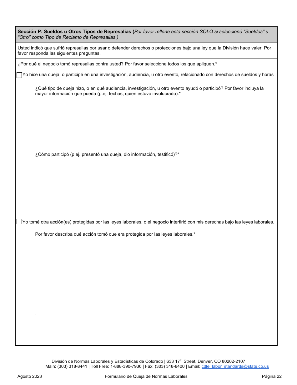 Formulario De Queja De Normas Laborales - Colorado (Spanish), Page 22