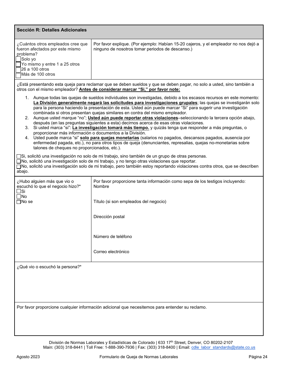 Formulario De Queja De Normas Laborales - Colorado (Spanish), Page 24