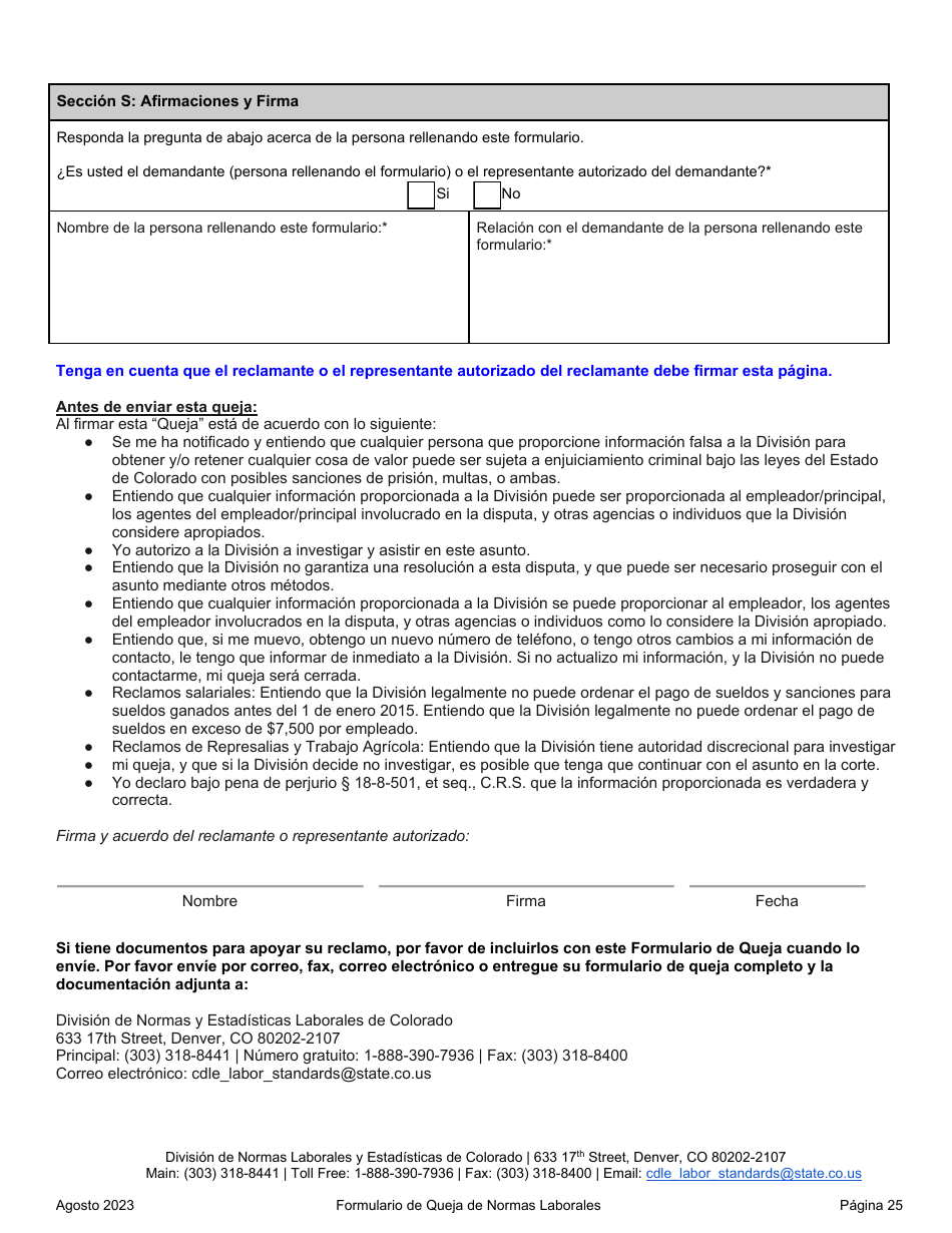 Formulario De Queja De Normas Laborales - Colorado (Spanish), Page 25