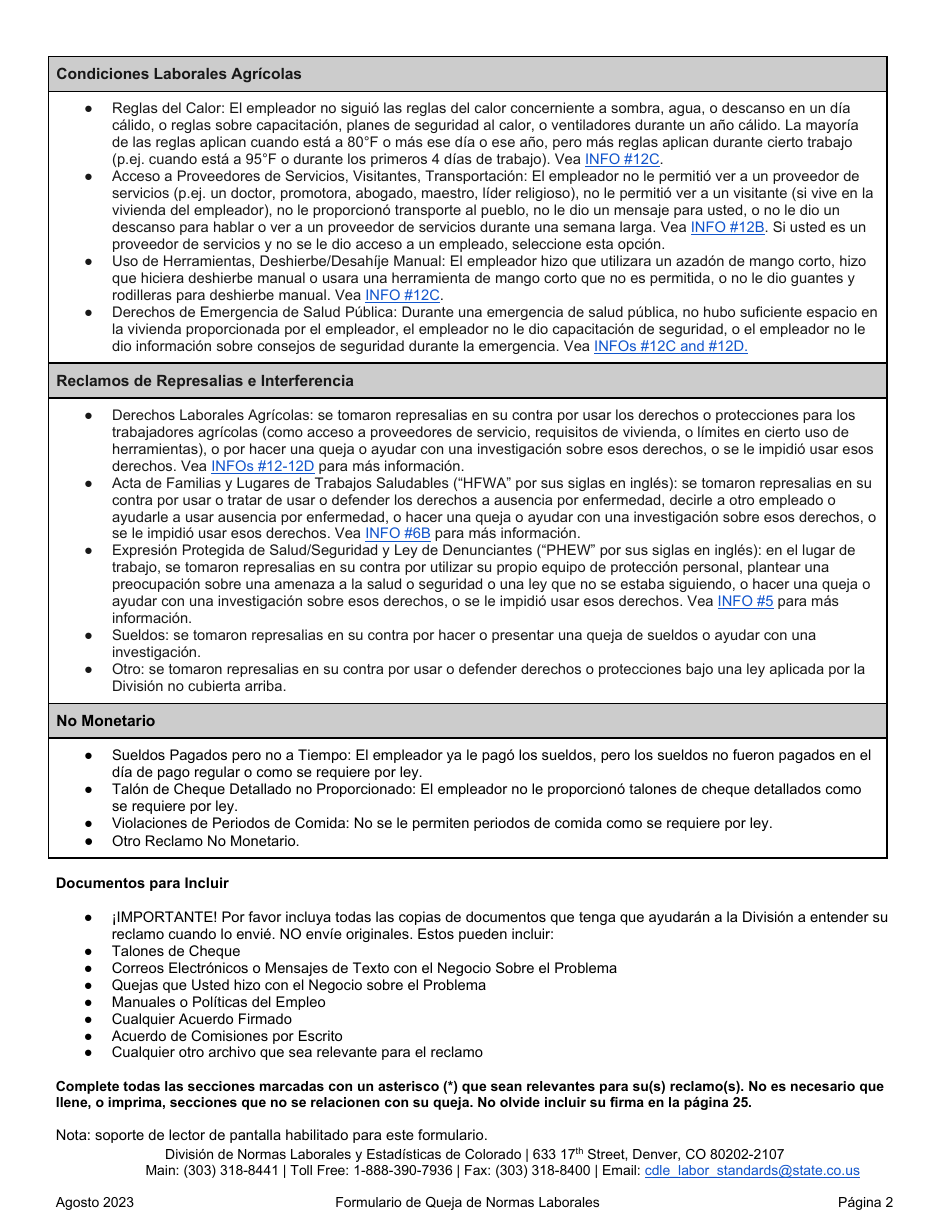 Formulario De Queja De Normas Laborales - Colorado (Spanish), Page 2
