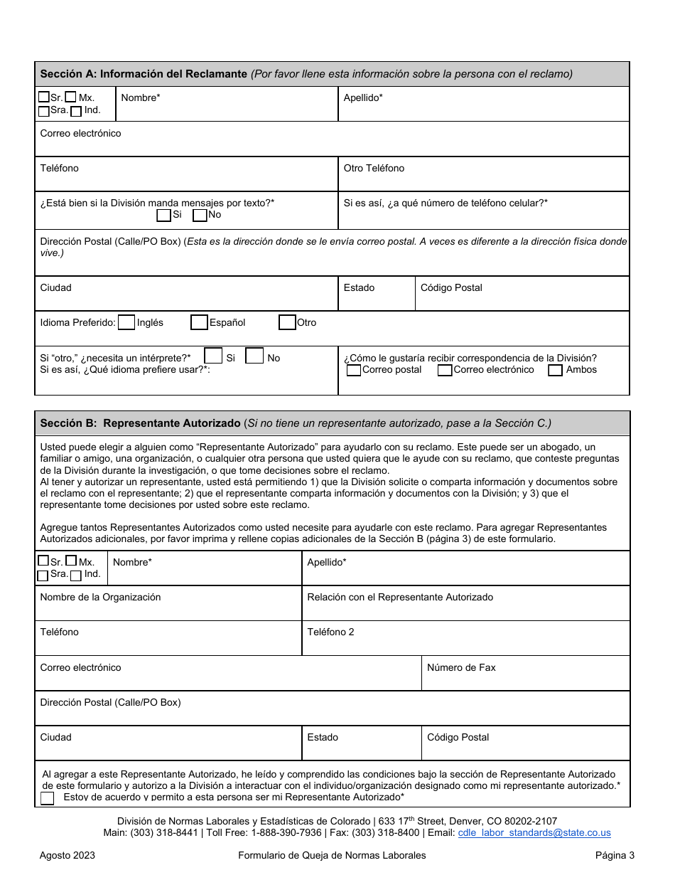 Formulario De Queja De Normas Laborales - Colorado (Spanish), Page 3