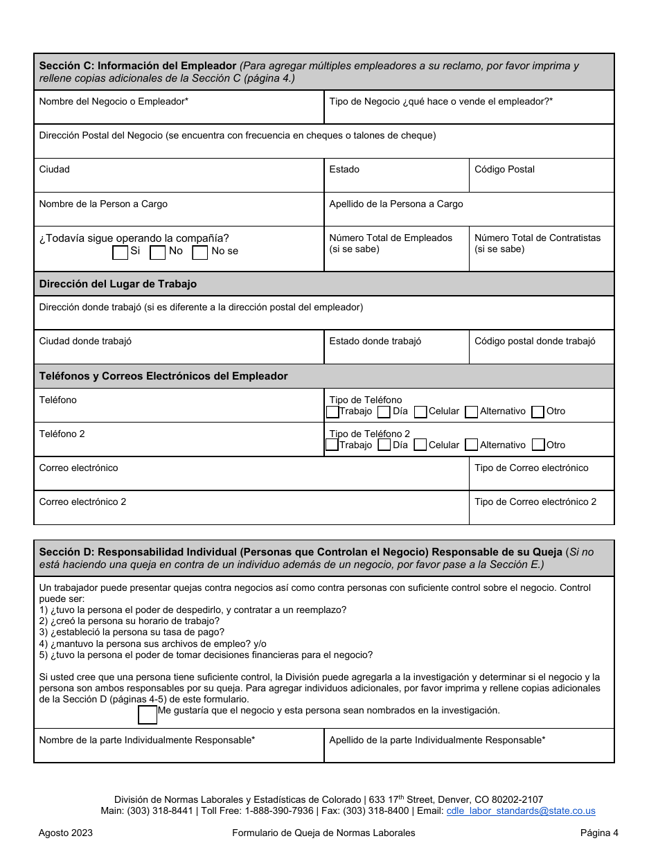 Formulario De Queja De Normas Laborales - Colorado (Spanish), Page 4