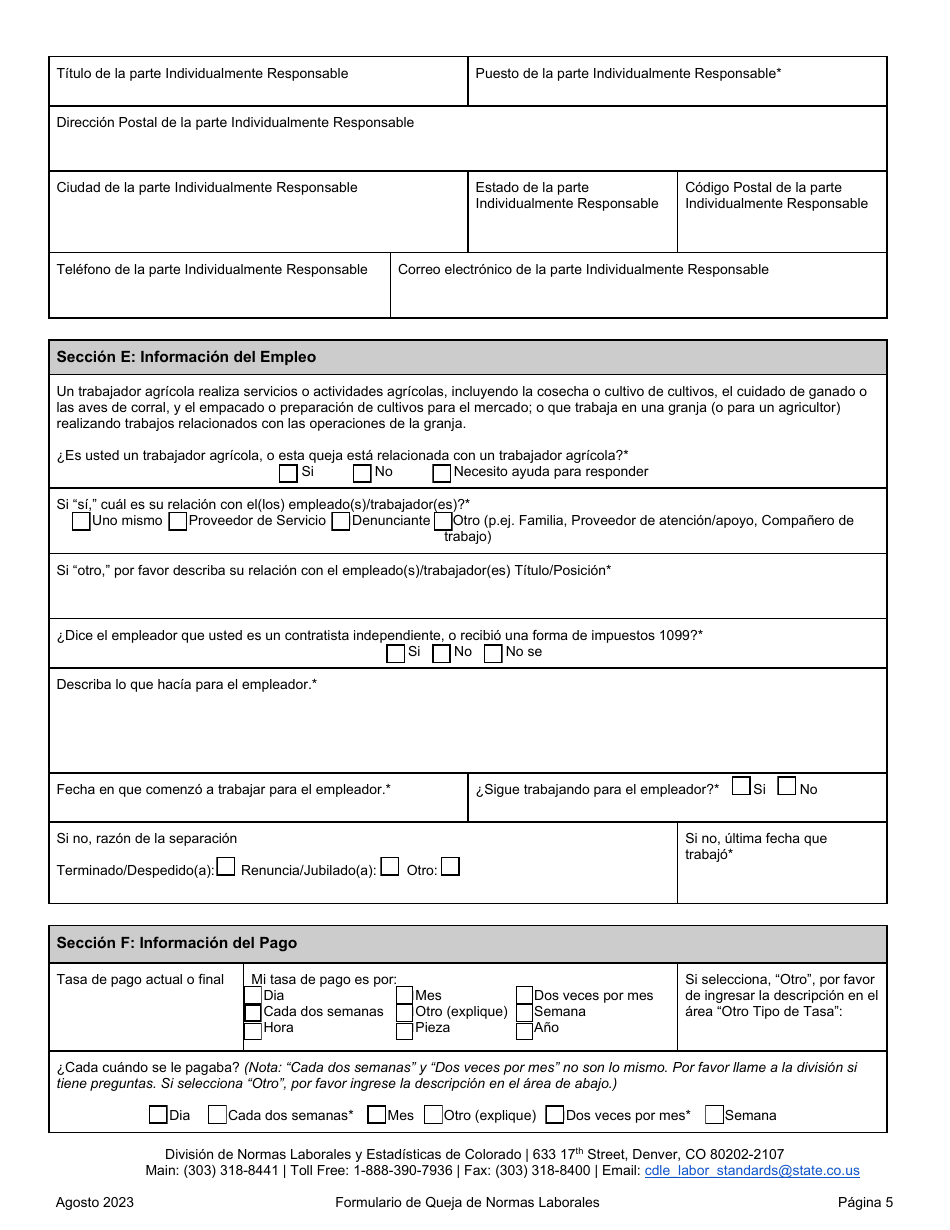 Formulario De Queja De Normas Laborales - Colorado (Spanish), Page 5