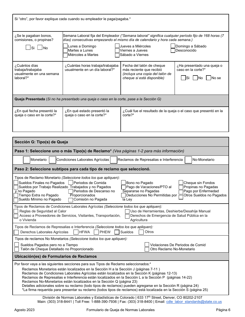 Formulario De Queja De Normas Laborales - Colorado (Spanish), Page 6