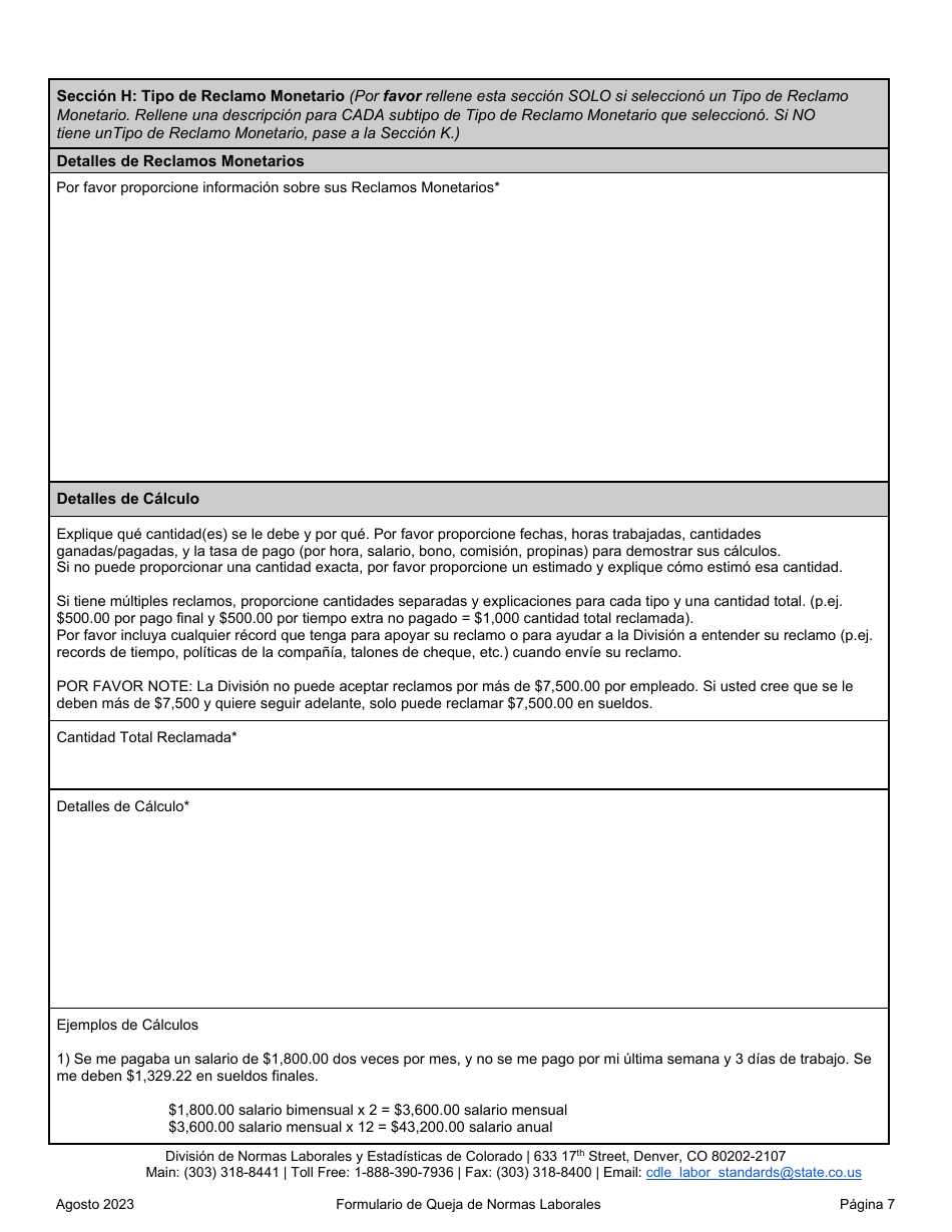 Formulario De Queja De Normas Laborales - Colorado (Spanish), Page 7