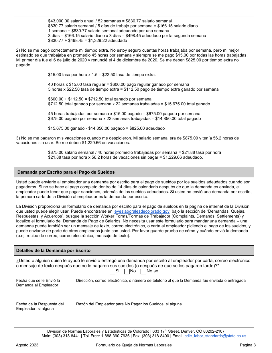 Formulario De Queja De Normas Laborales - Colorado (Spanish), Page 8