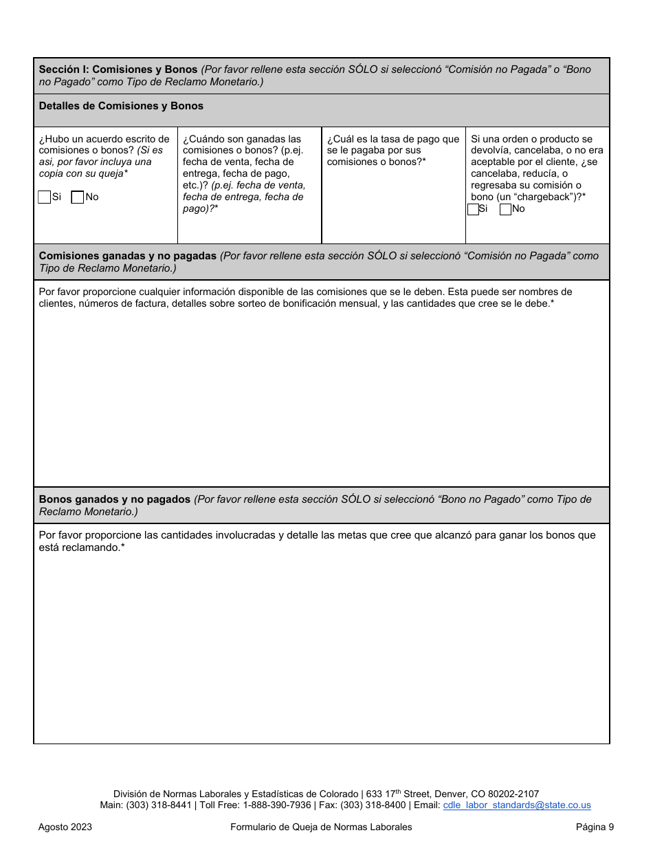 Formulario De Queja De Normas Laborales - Colorado (Spanish), Page 9