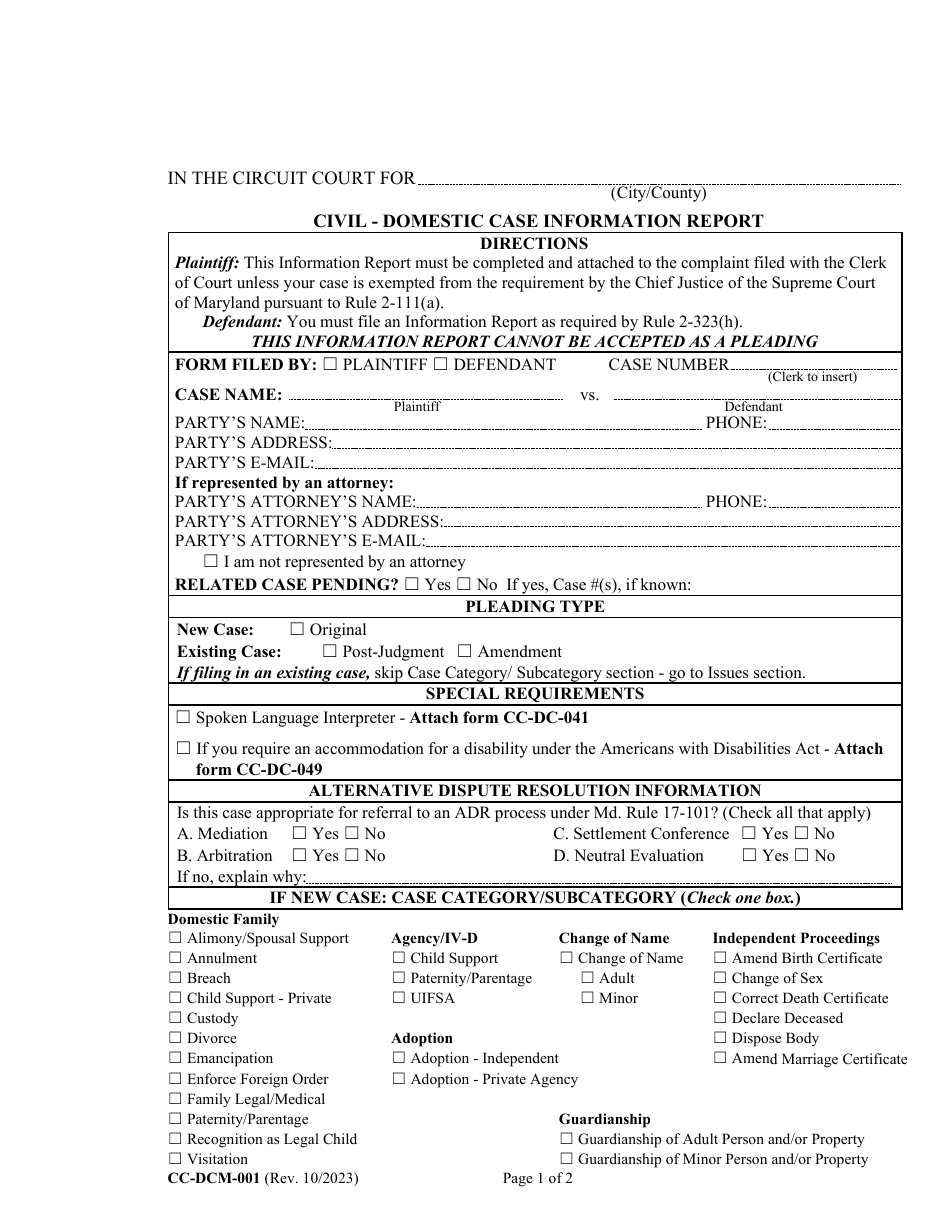 Form CC-DCM-001 Civil Domestic Case Information Report - Maryland, Page 1