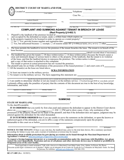 Form DC-CV-085 Complaint and Summons Against Tenant in Breach of Lease - Maryland