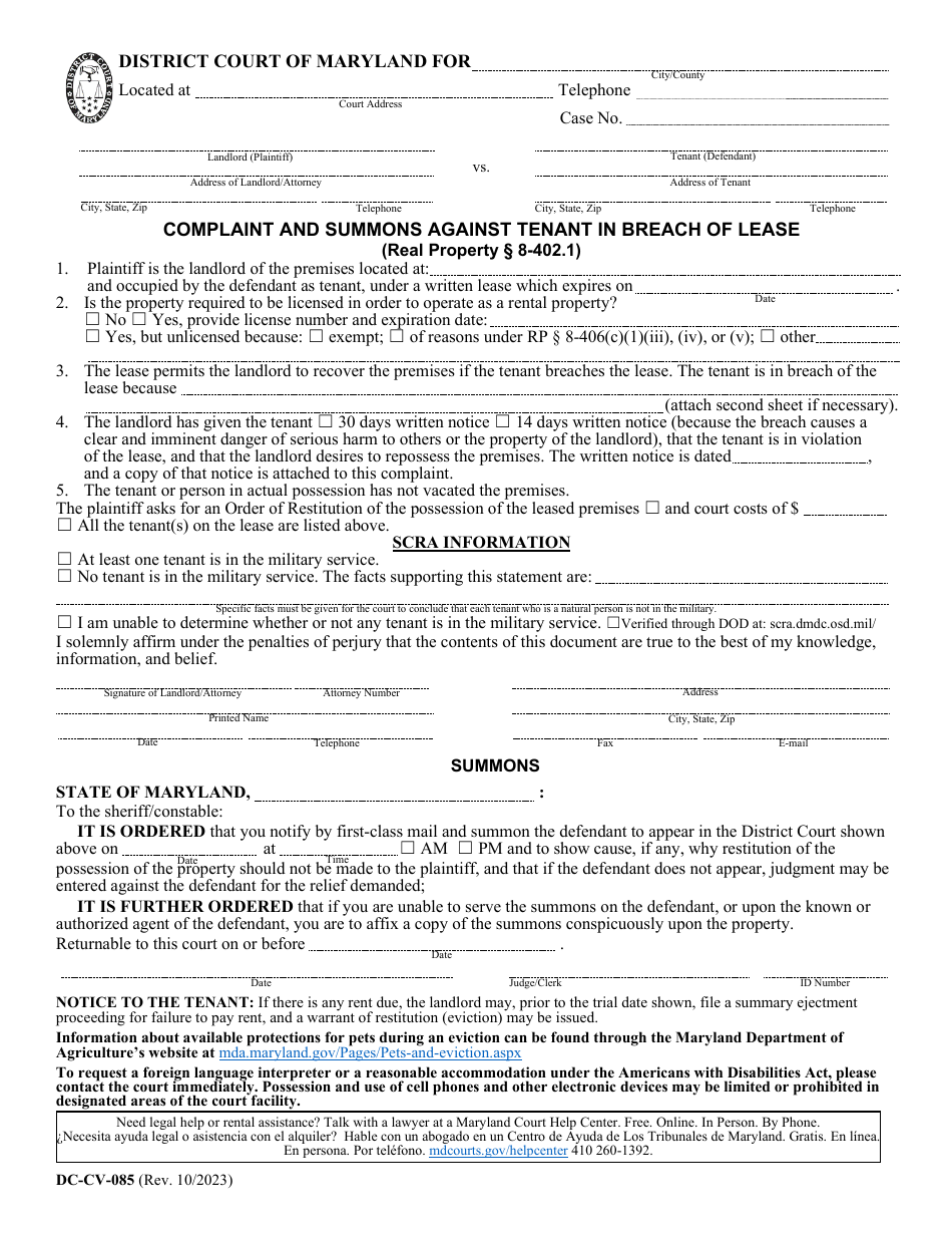 Form DC-CV-085 Complaint and Summons Against Tenant in Breach of Lease - Maryland, Page 1