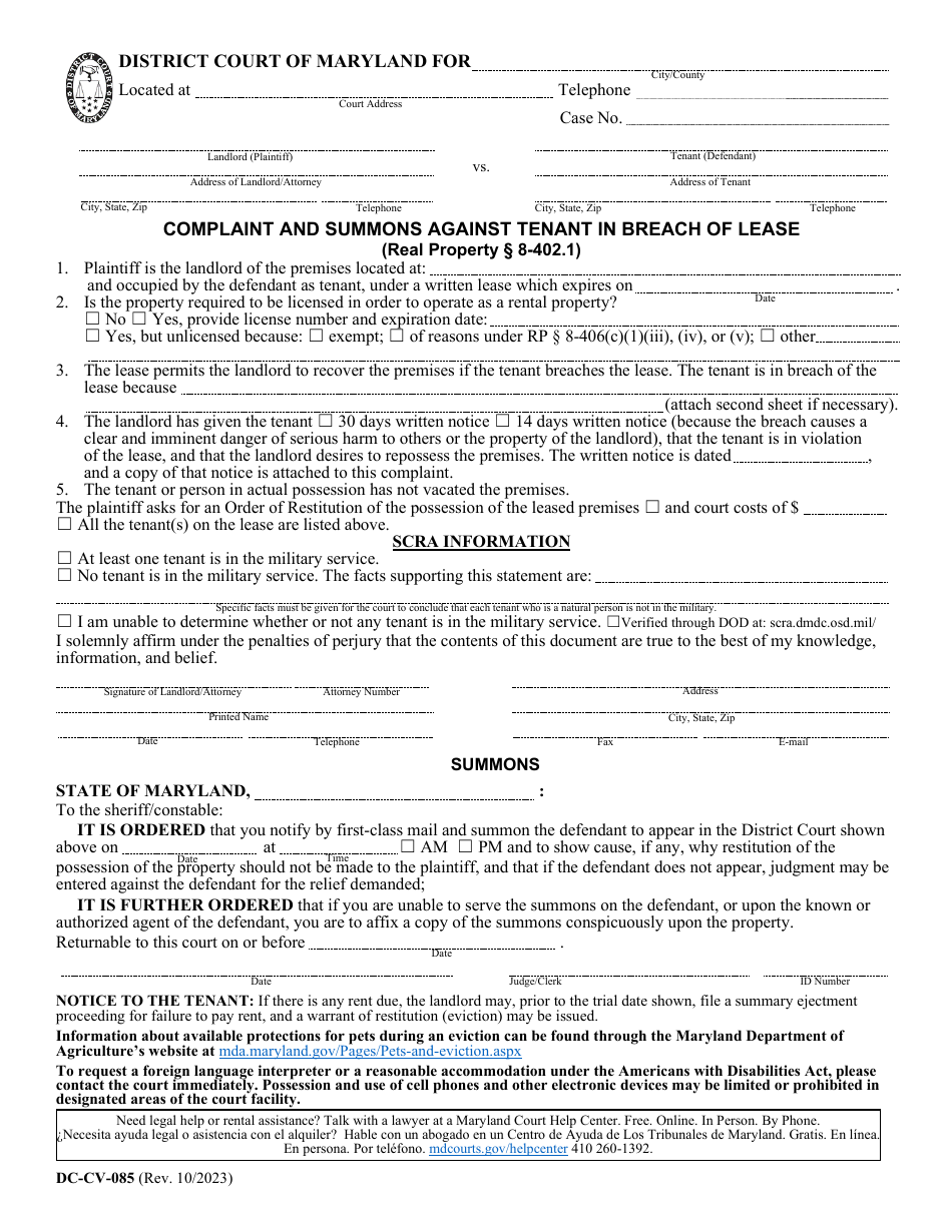 Form DC-CV-085 Complaint and Summons Against Tenant in Breach of Lease - Maryland, Page 2