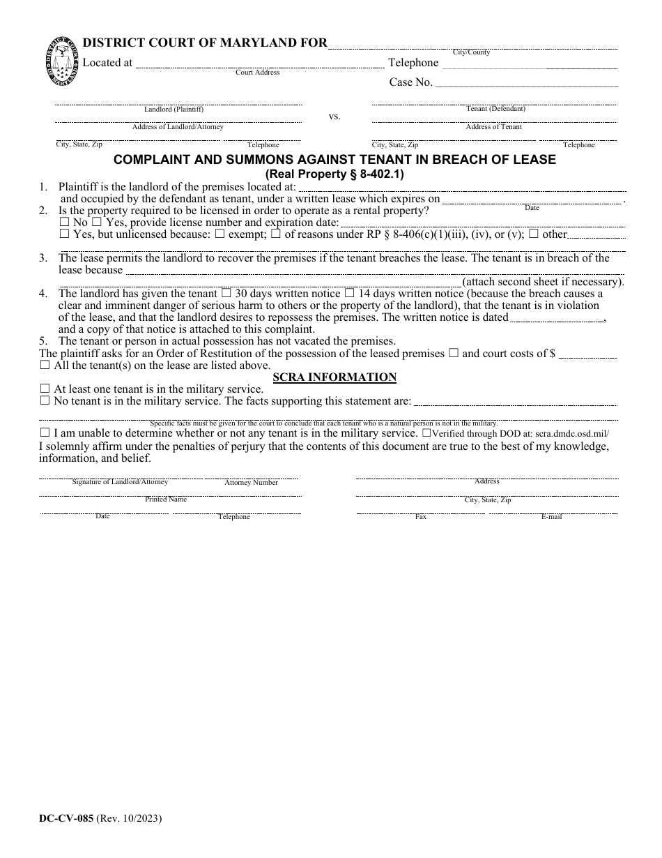 Form DC-CV-085 Complaint and Summons Against Tenant in Breach of Lease - Maryland, Page 4