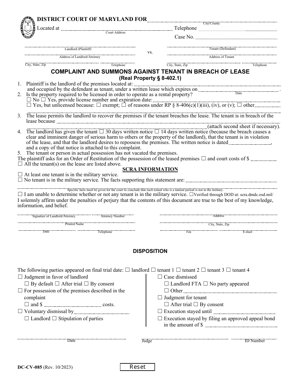 Form DC-CV-085 Complaint and Summons Against Tenant in Breach of Lease - Maryland, Page 5