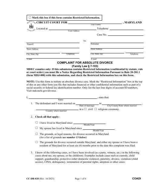 Form CC-DR-020 Counter-Claim for Absolute Divorce - Maryland
