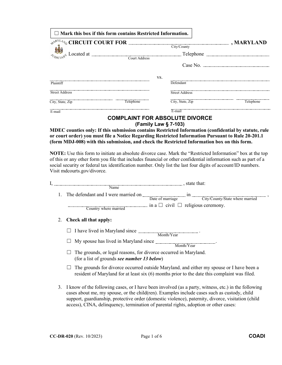 Form CC-DR-020 Counter-Claim for Absolute Divorce - Maryland, Page 1