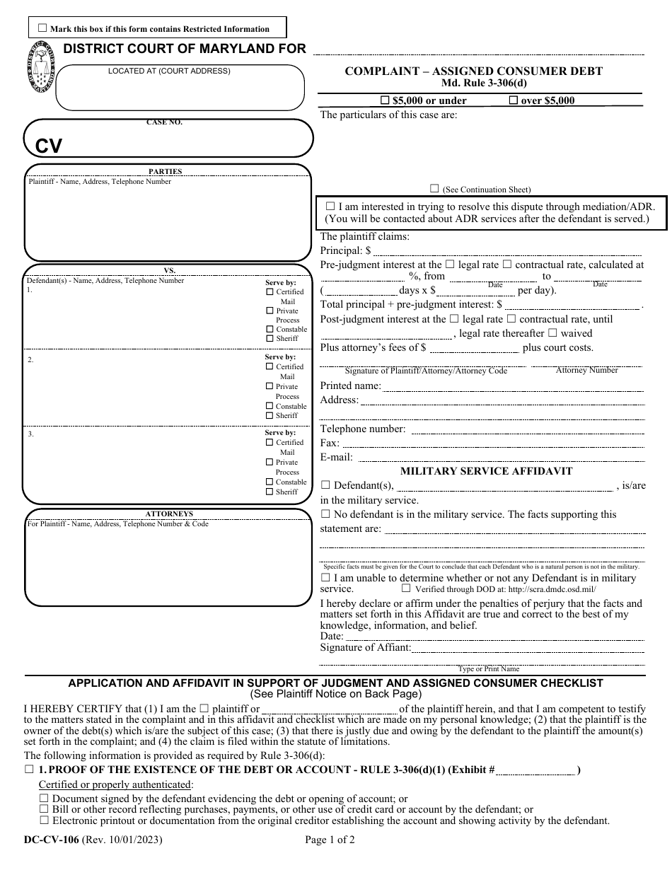 Form DC-CV-106 Complaint - Assigned Consumer Debt - Maryland, Page 1