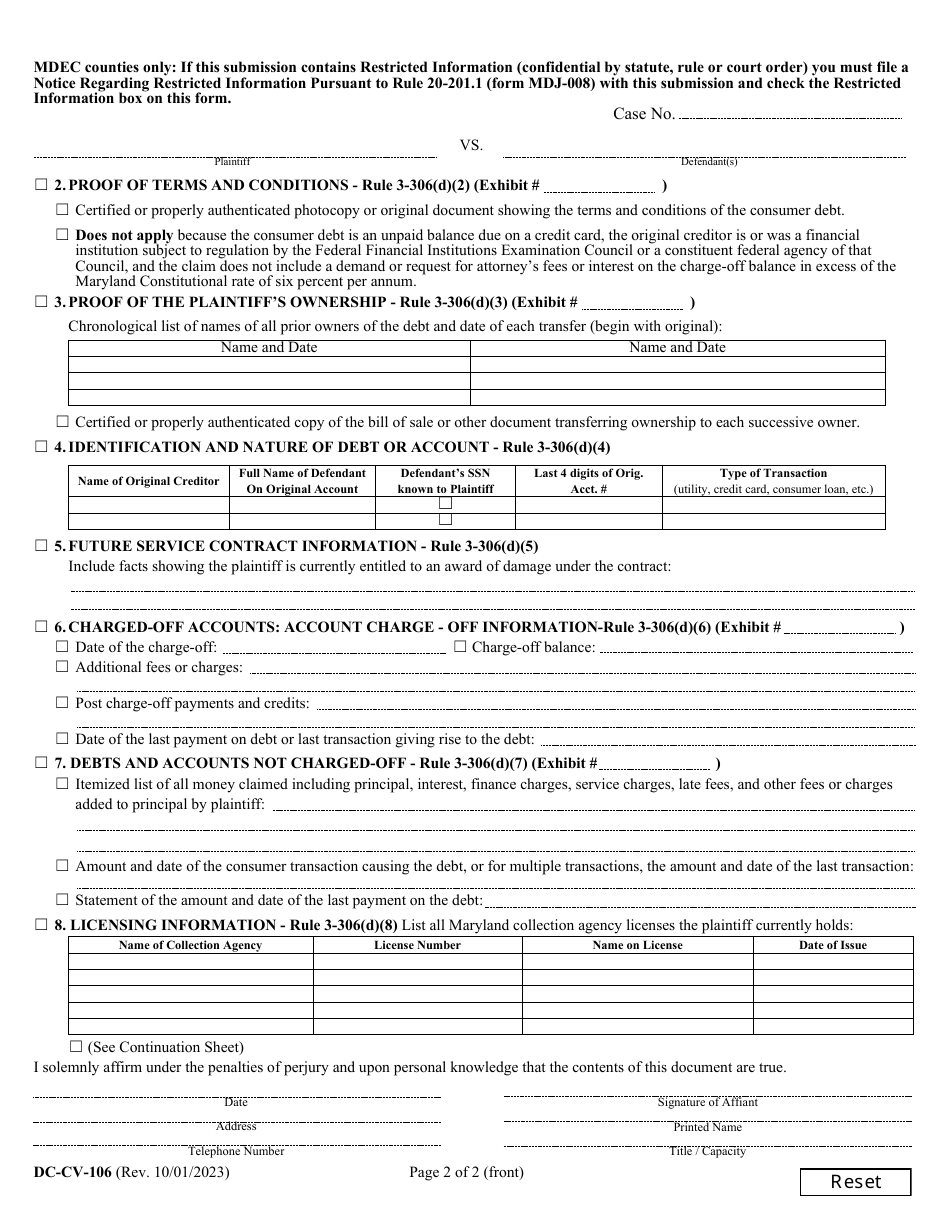 Form DC-CV-106 Complaint - Assigned Consumer Debt - Maryland, Page 3