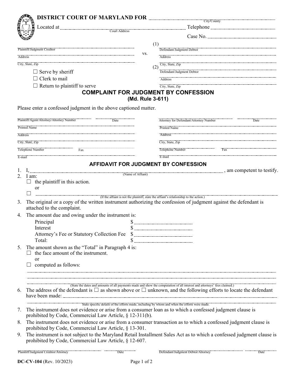 Form DC-CV-104 Complaint for Judgment by Confession - Maryland, Page 1