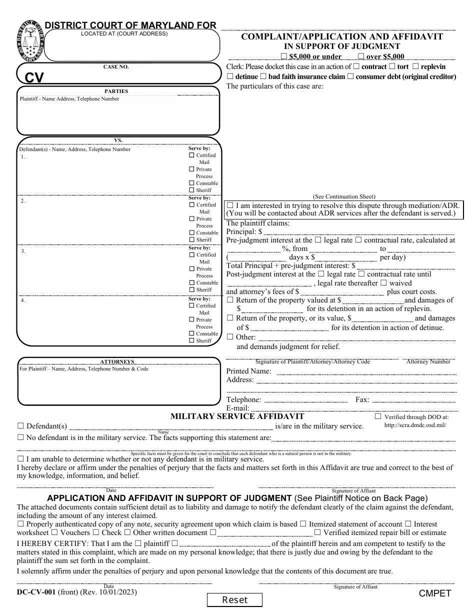 Form DC-CV-001 Complaint / Application and Affidavit in Support of Judgment - Maryland, Page 1