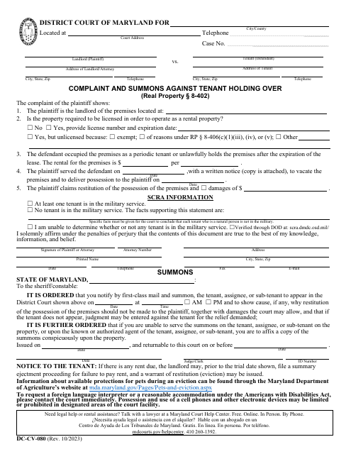 Form DC-CV-080 Complaint and Summons Against Tenant Holding Over - Maryland