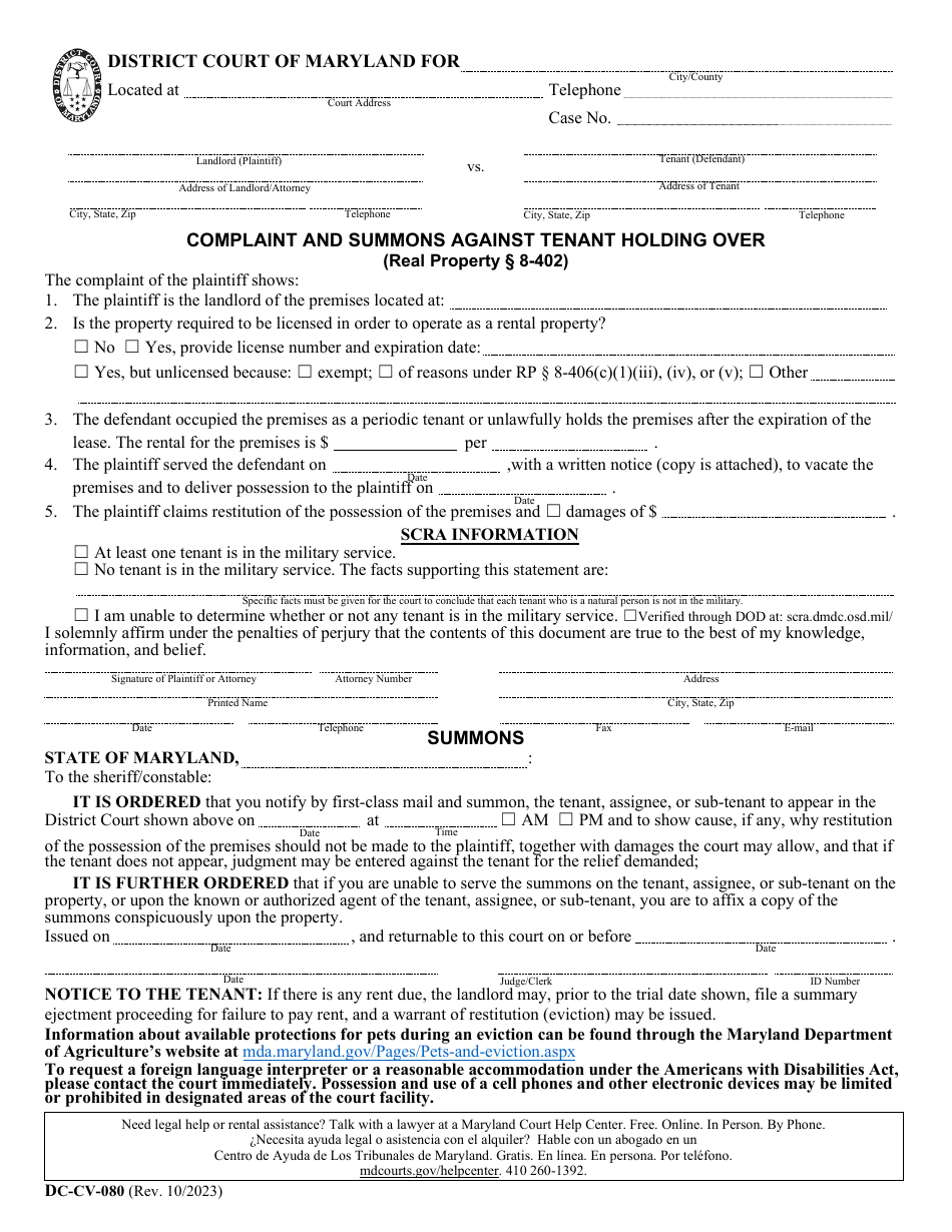 Form DC-CV-080 Complaint and Summons Against Tenant Holding Over - Maryland, Page 1