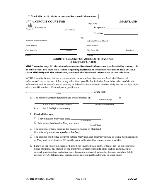 Form CC-DR-094 Counter-Claim for Absolute Divorce - Maryland