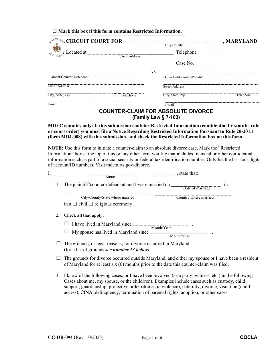 Form CC-DR-094 Counter-Claim for Absolute Divorce - Maryland, Page 1