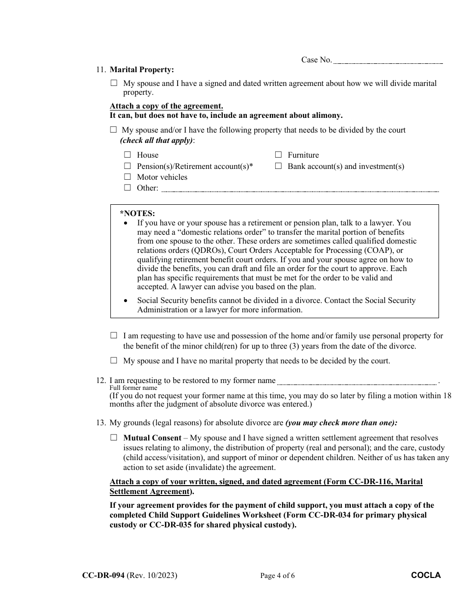 Form CC-DR-094 Counter-Claim for Absolute Divorce - Maryland, Page 4