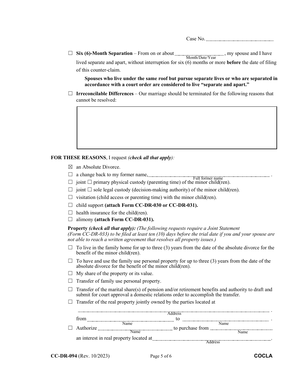 Form CC-DR-094 Counter-Claim for Absolute Divorce - Maryland, Page 5
