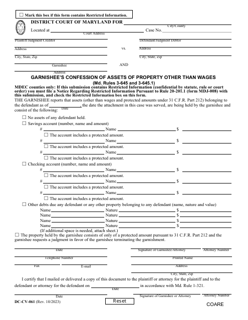 Form DC-CV-061 Garnishee's Confession of Assets of Property Other Than Wages - Maryland